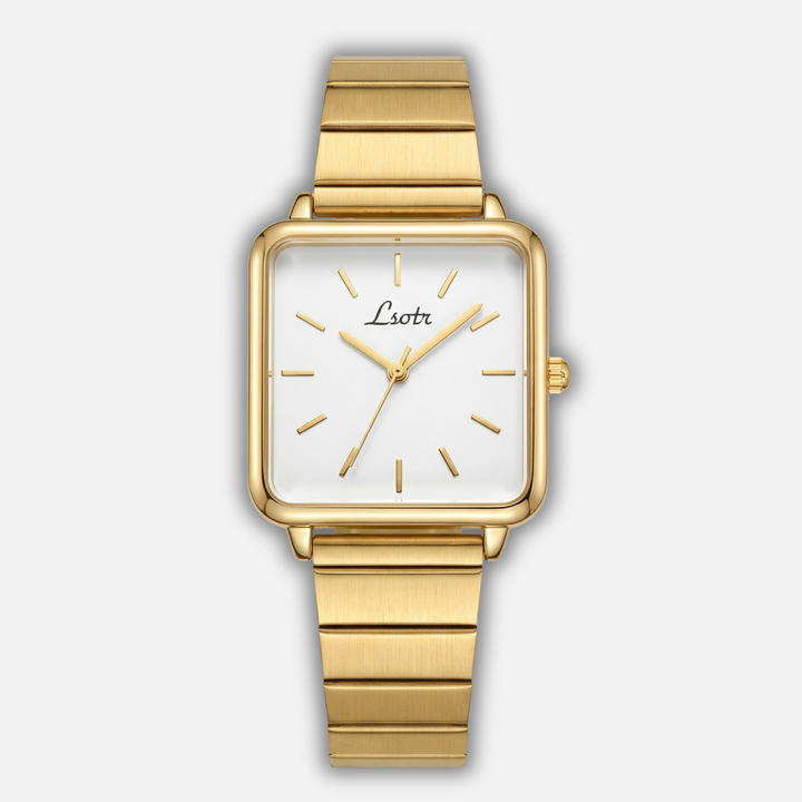 Minimalist gold-tone women's watch with square stainless steel dial