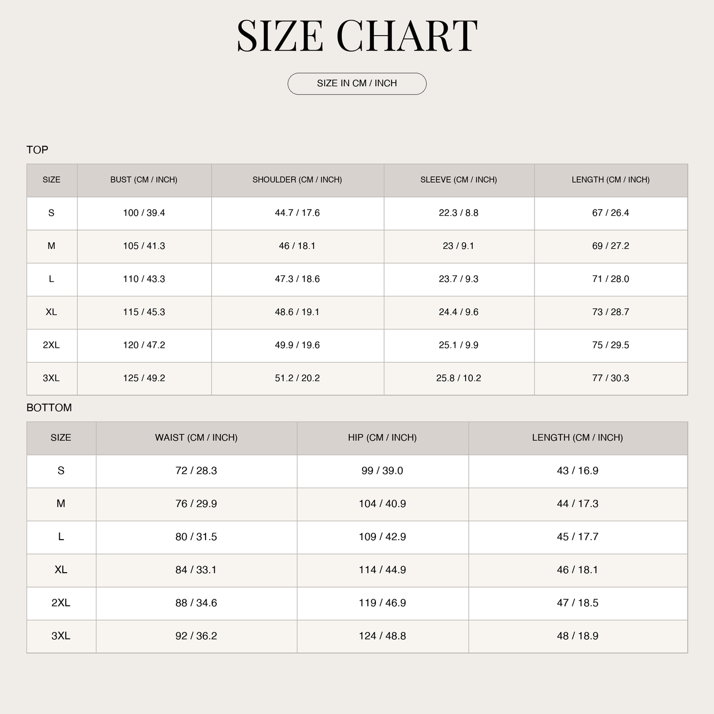 Light cotton two-piece with short-sleeve top for men size chart