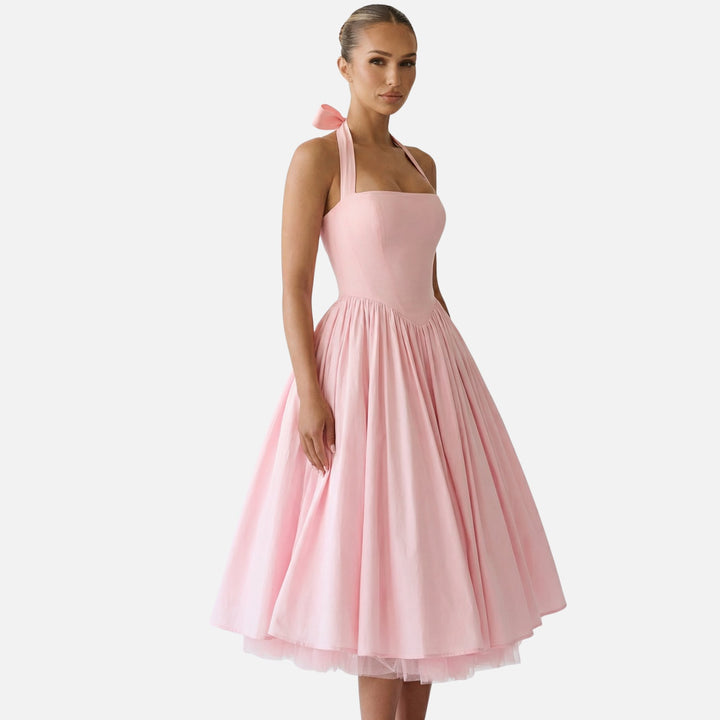 Abito midi con scollo halter e gonna svasata da donna