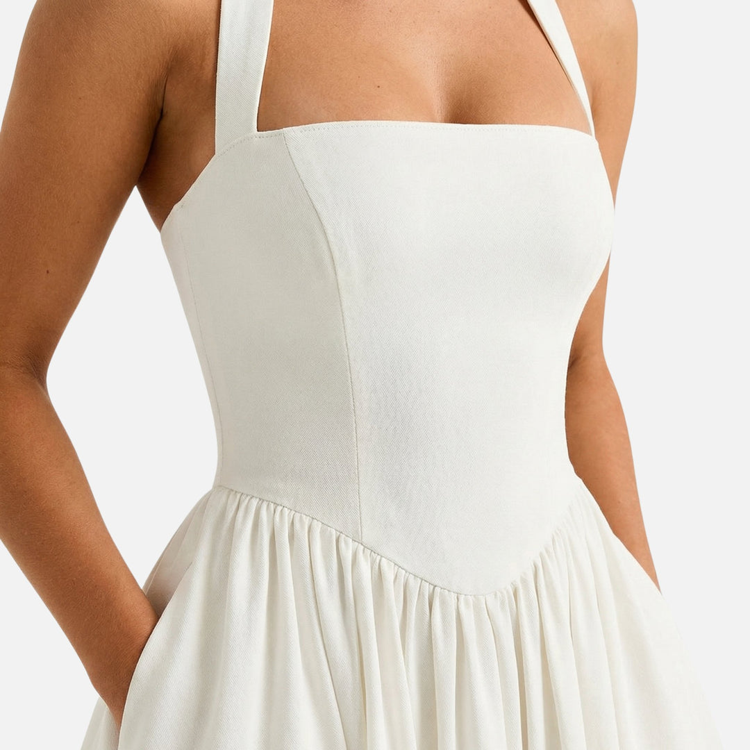 Abito midi con scollo halter e gonna svasata da donna