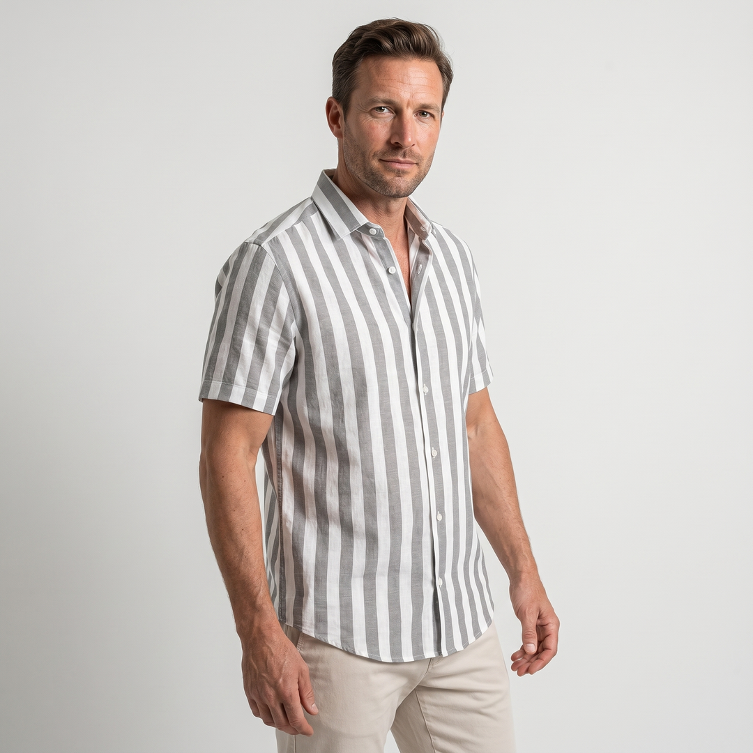 Camicia da spiaggia a righe in lino con colletto a punta da uomo