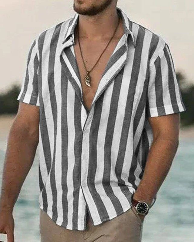 Camicia da spiaggia a righe in lino con colletto a punta da uomo