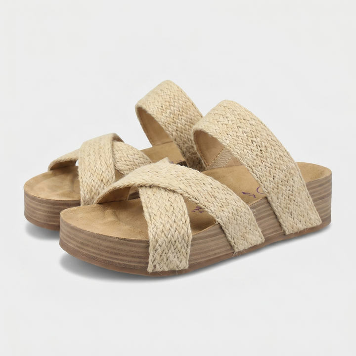 Cross-strap wedge sandals with braided raffia straps for women