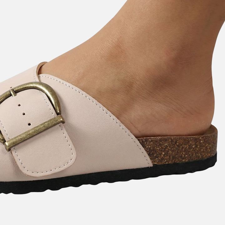Slip-on sandals in suede look with cork footbed for women