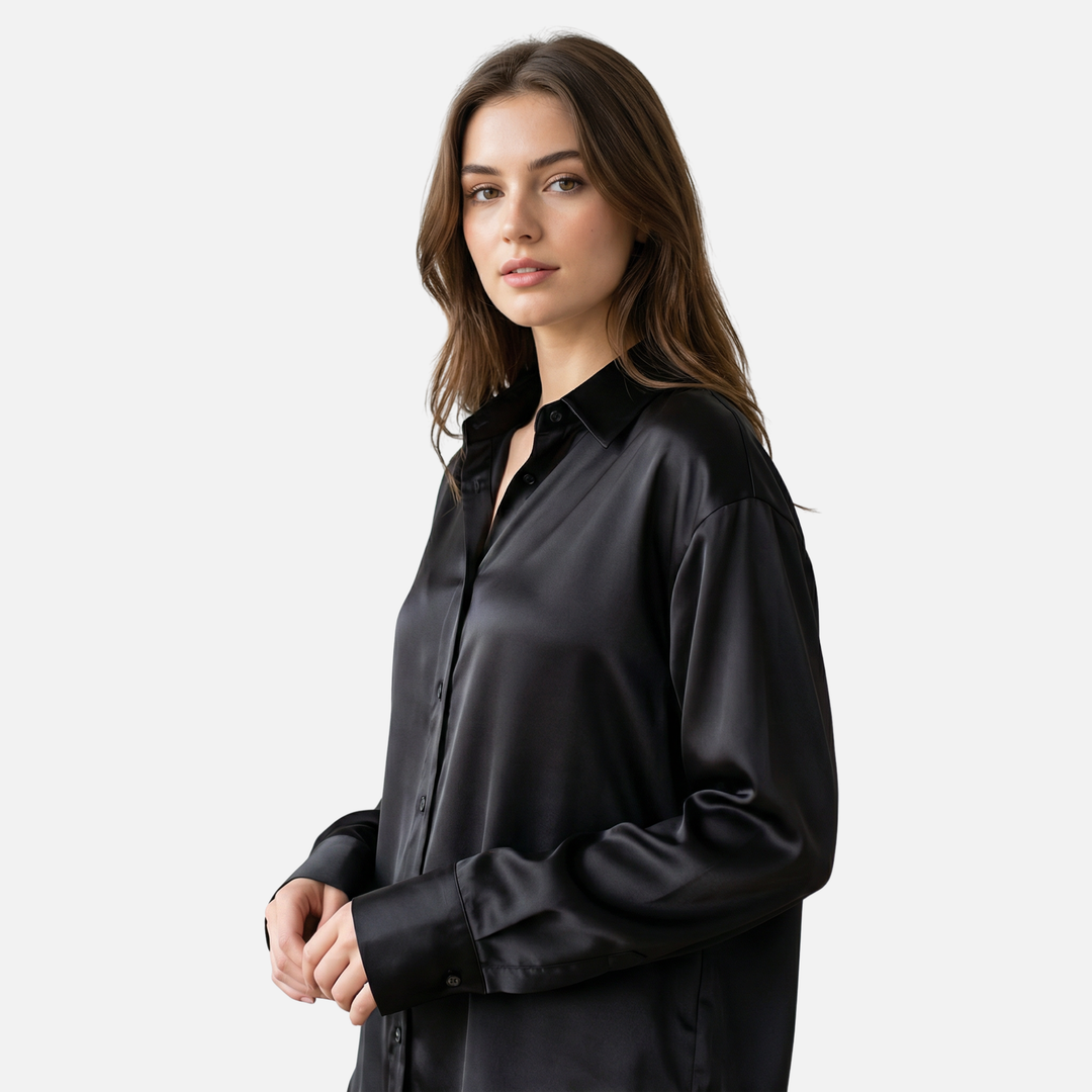 Satin Blouse with Long Sleeves and Button Cuffs for Women