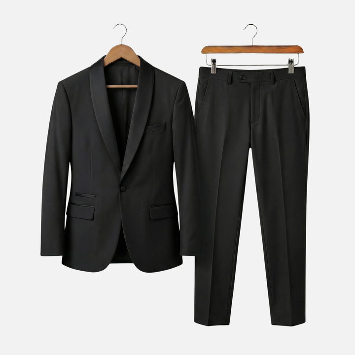 Two-piece suit with satin shawl collar for men
