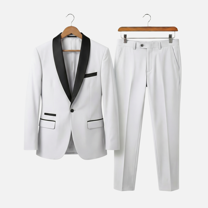 Two-piece suit with satin shawl collar for men