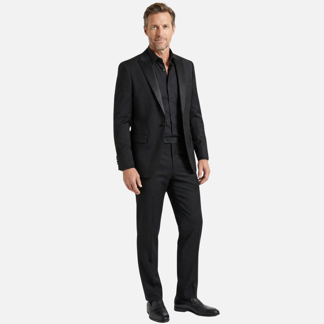 Two-piece suit with satin shawl collar for men