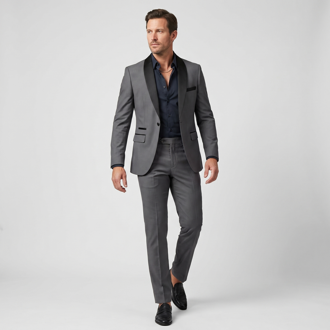Two-piece suit with satin shawl collar for men