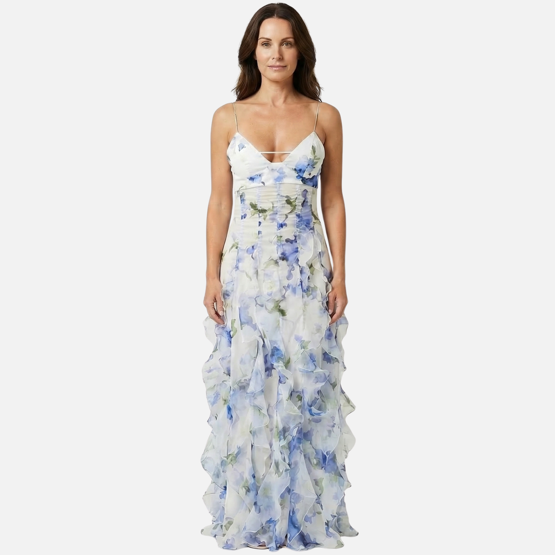 Abito maxi estivo in chiffon – Corsetto floreale con volant da donna