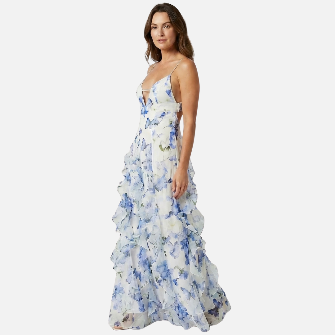 Abito maxi estivo in chiffon – Corsetto floreale con volant da donna