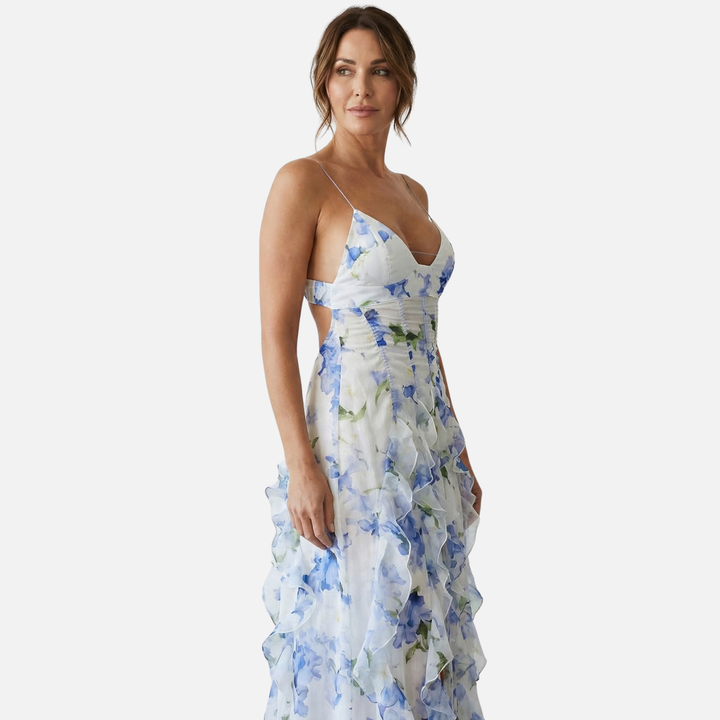 Abito maxi estivo in chiffon – Corsetto floreale con volant da donna