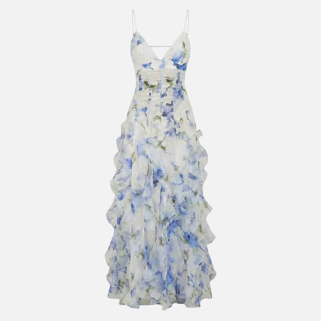 Abito maxi estivo in chiffon – Corsetto floreale con volant da donna