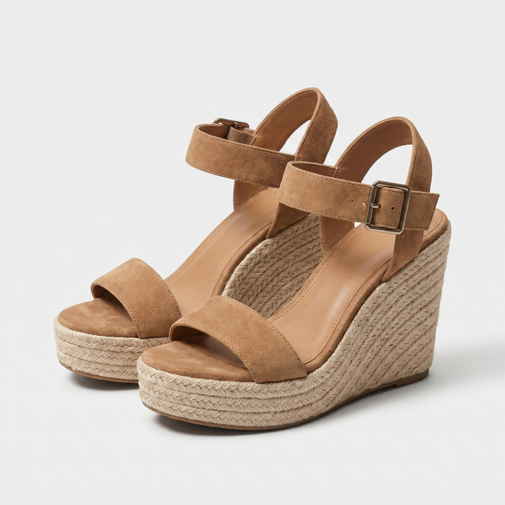 Suede sandals with open toe area and espadrille ankle strap for women