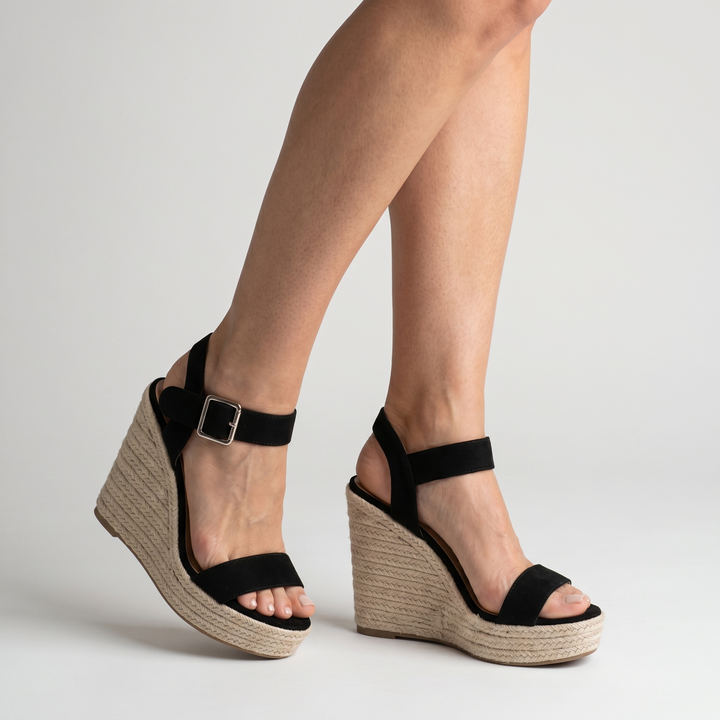 Suede sandals with open toe area and espadrille ankle strap for women