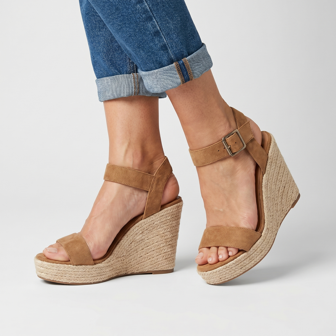 Suede sandals with open toe area and espadrille ankle strap for women
