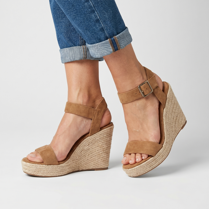 Suede sandals with open toe area and espadrille ankle strap for women