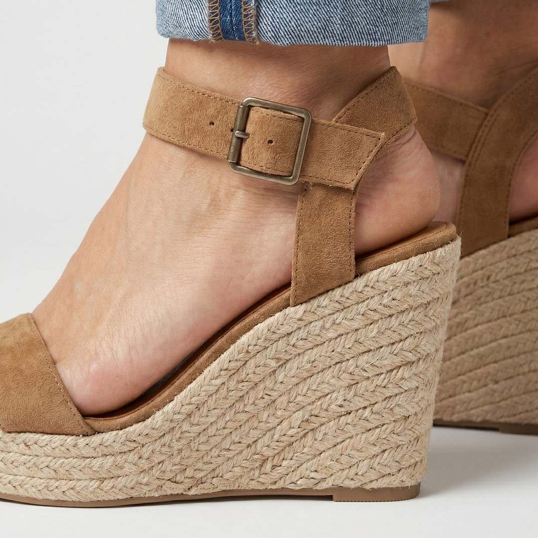 Suede sandals with open toe area and espadrille ankle strap for women
