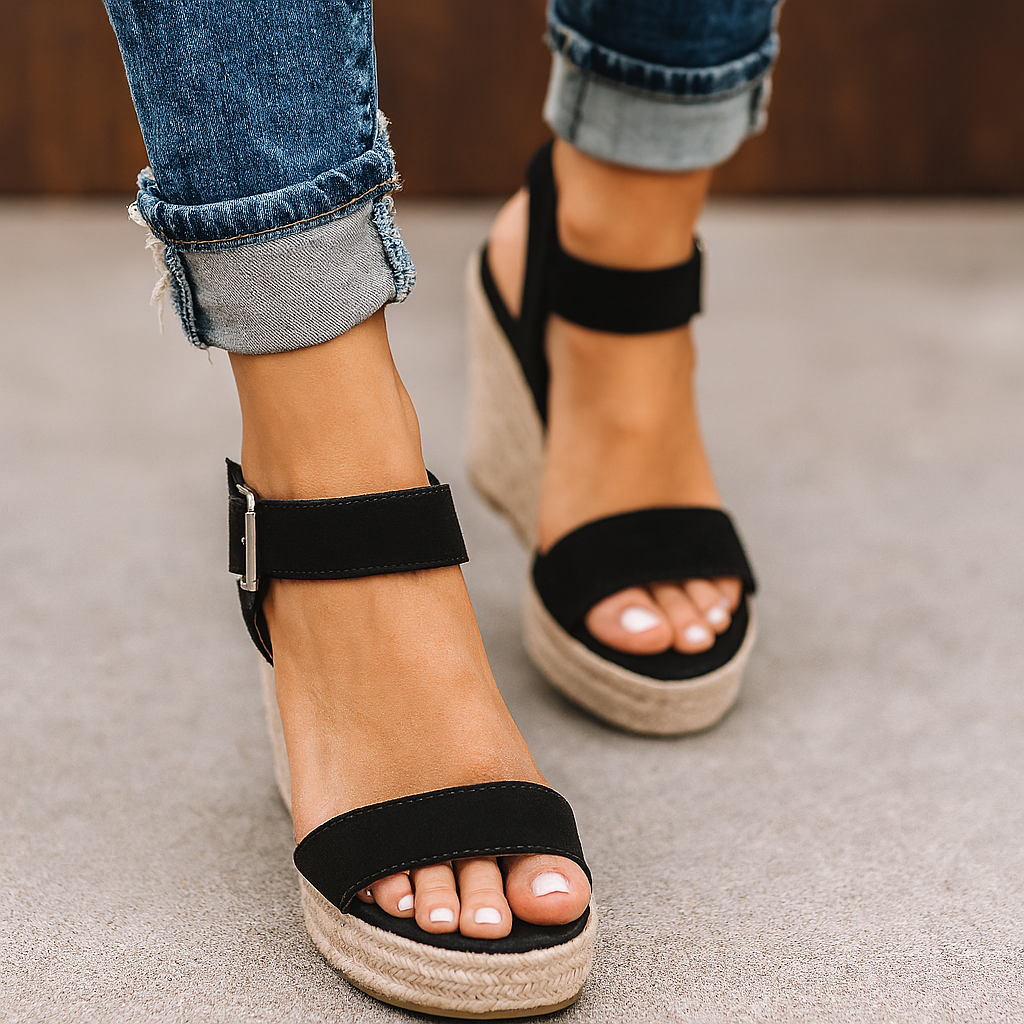 Suede sandals with open toe area and espadrille ankle strap for women