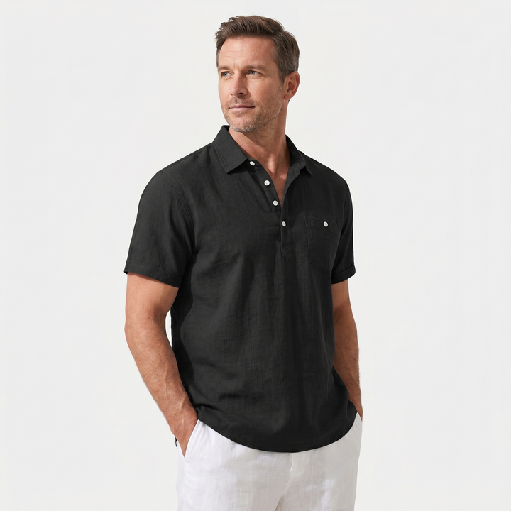 Linen polo shirt with half-button placket for men