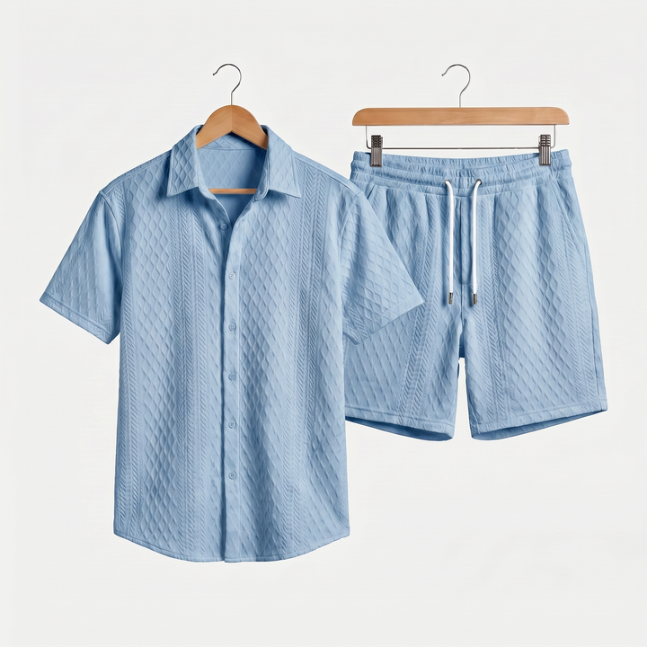 Casual textured knit set with drawstring shorts for men