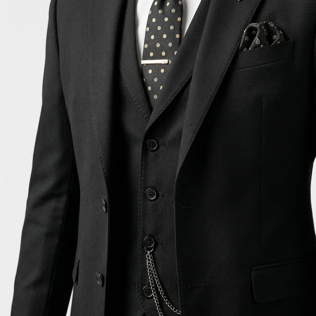 Three-piece suit with satin lapels – jacket, vest & trousers for men