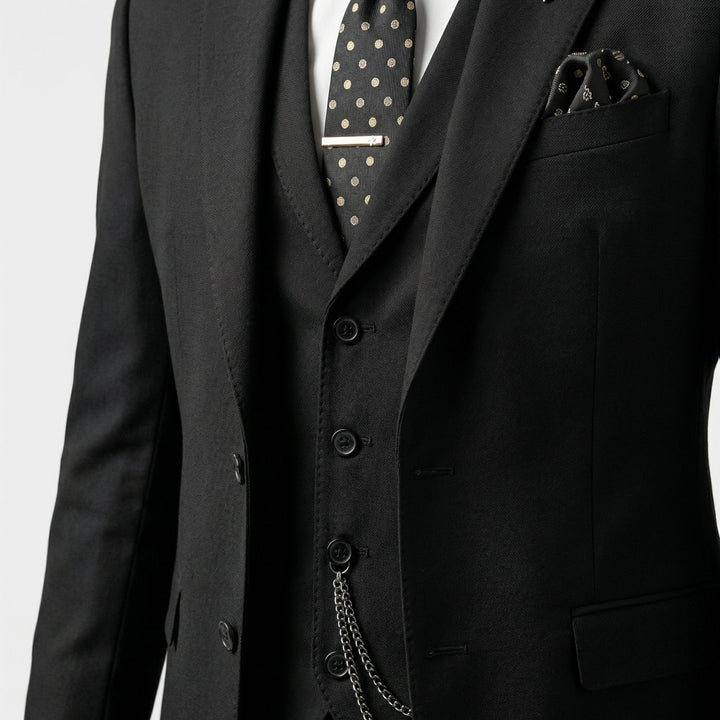 Three-piece suit with satin lapels – jacket, vest & trousers for men