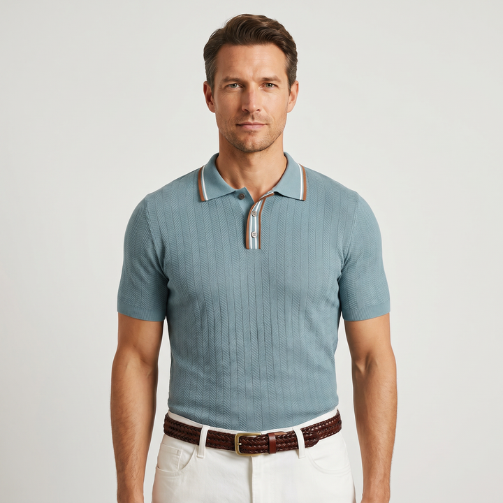 Polo shirt with tipped collar and herringbone pattern for men