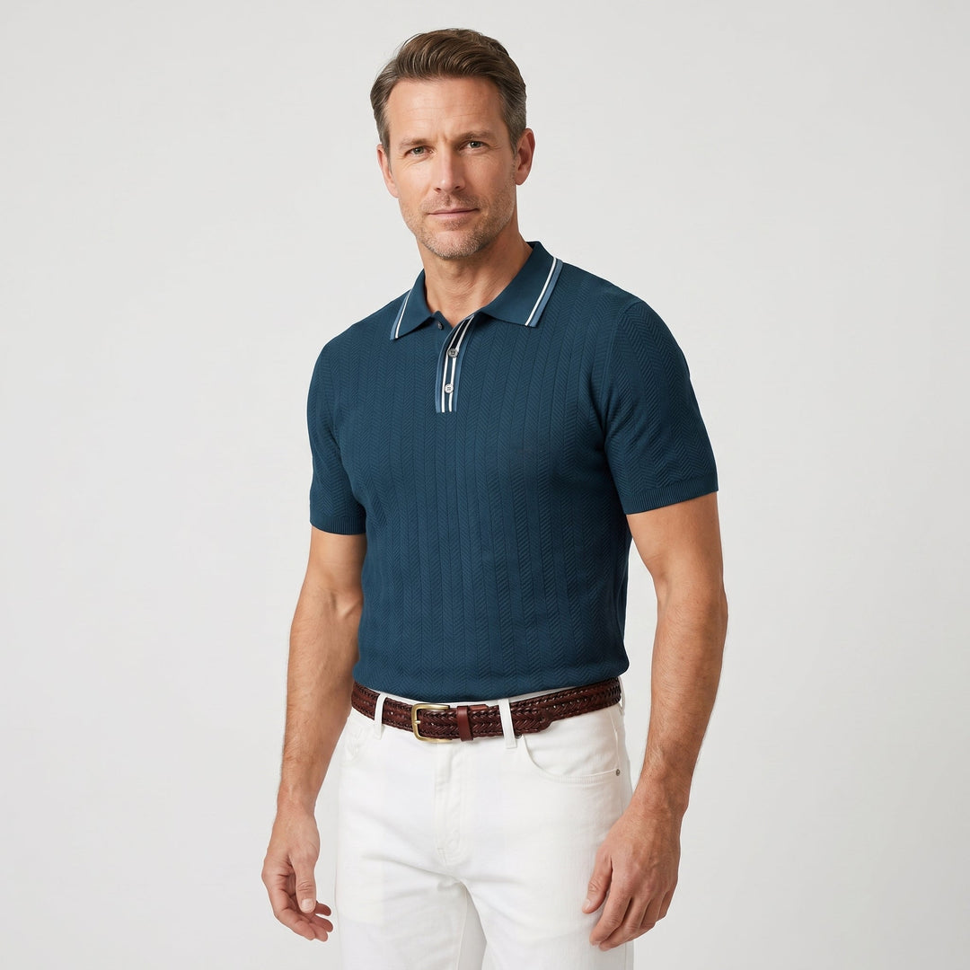 Polo shirt with tipped collar and herringbone pattern for men