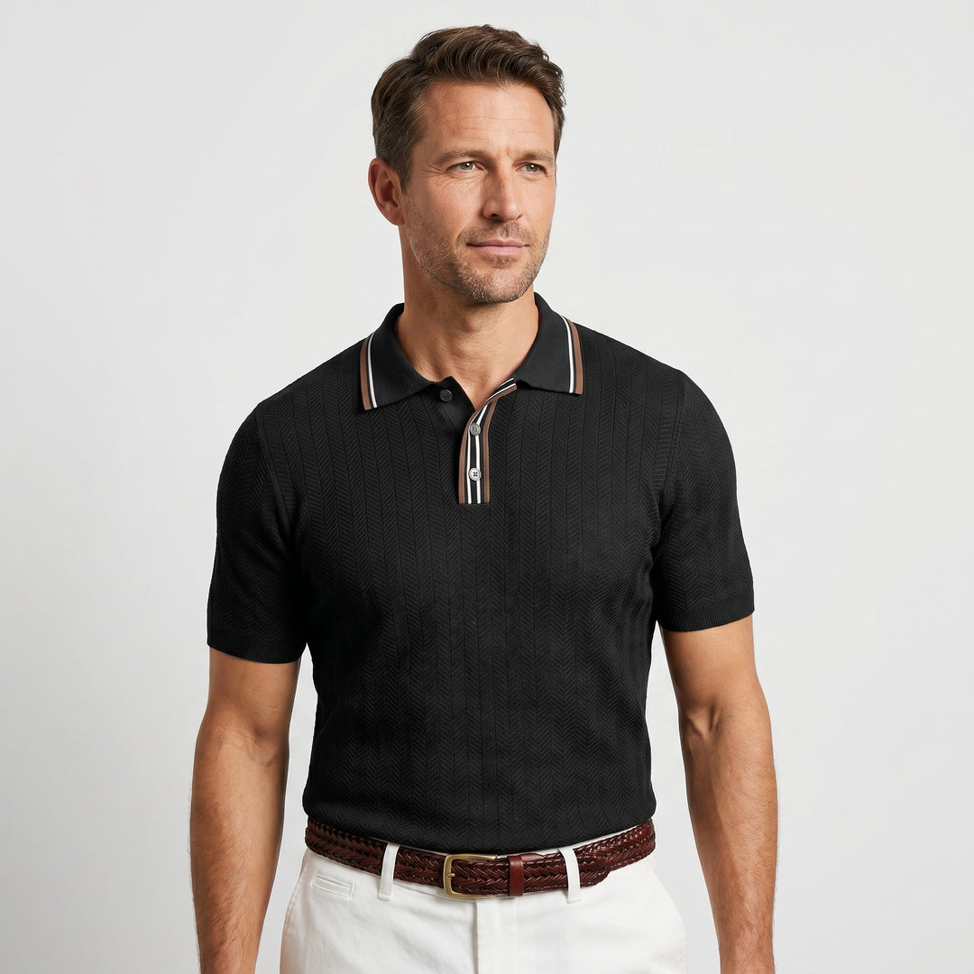 Polo shirt with tipped collar and herringbone pattern for men
