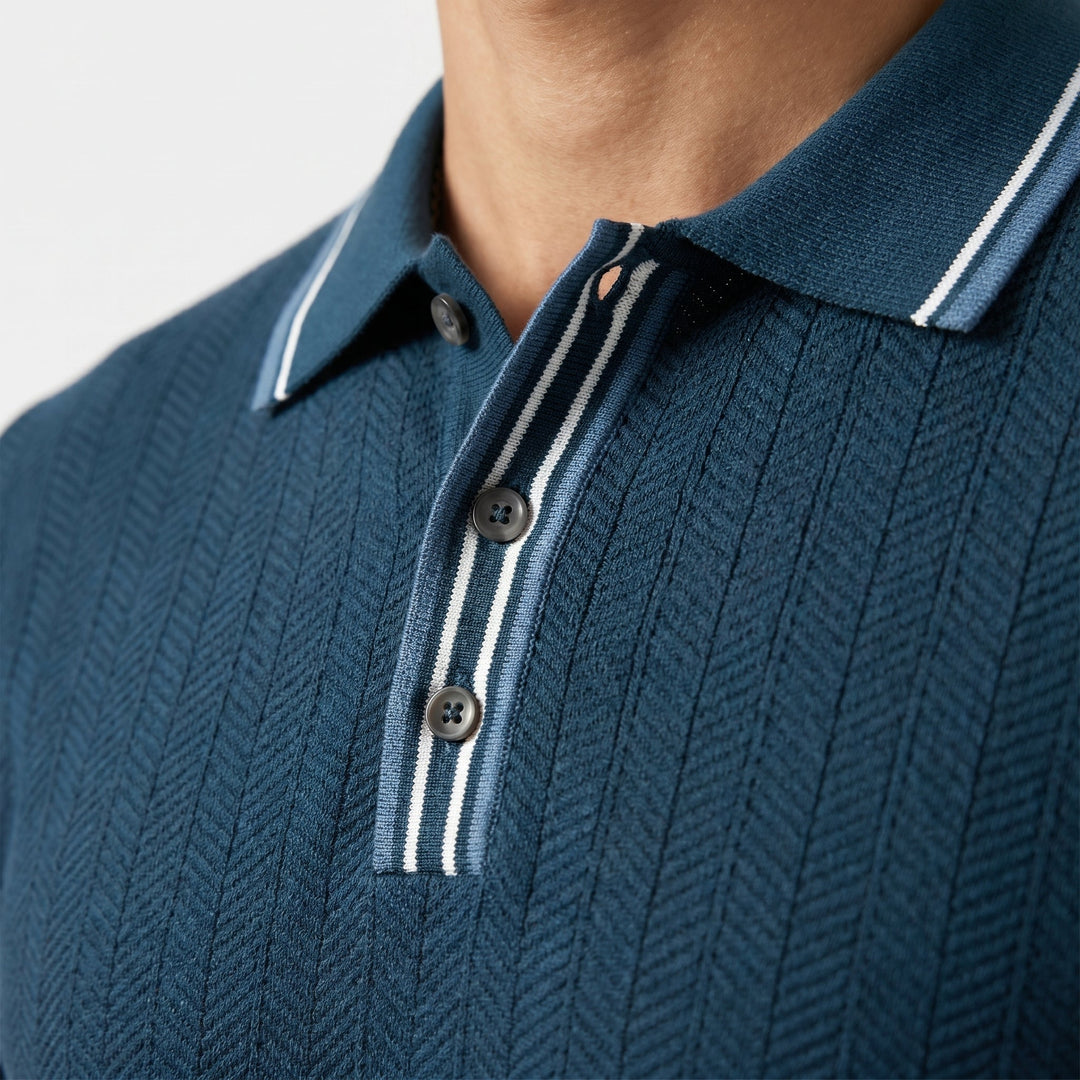 Polo shirt with tipped collar and herringbone pattern for men