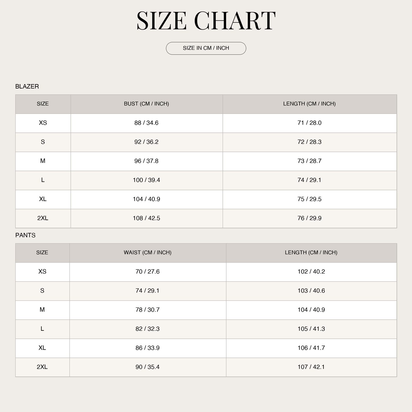 Tailored pantsuit with Marlene pants for women size chart