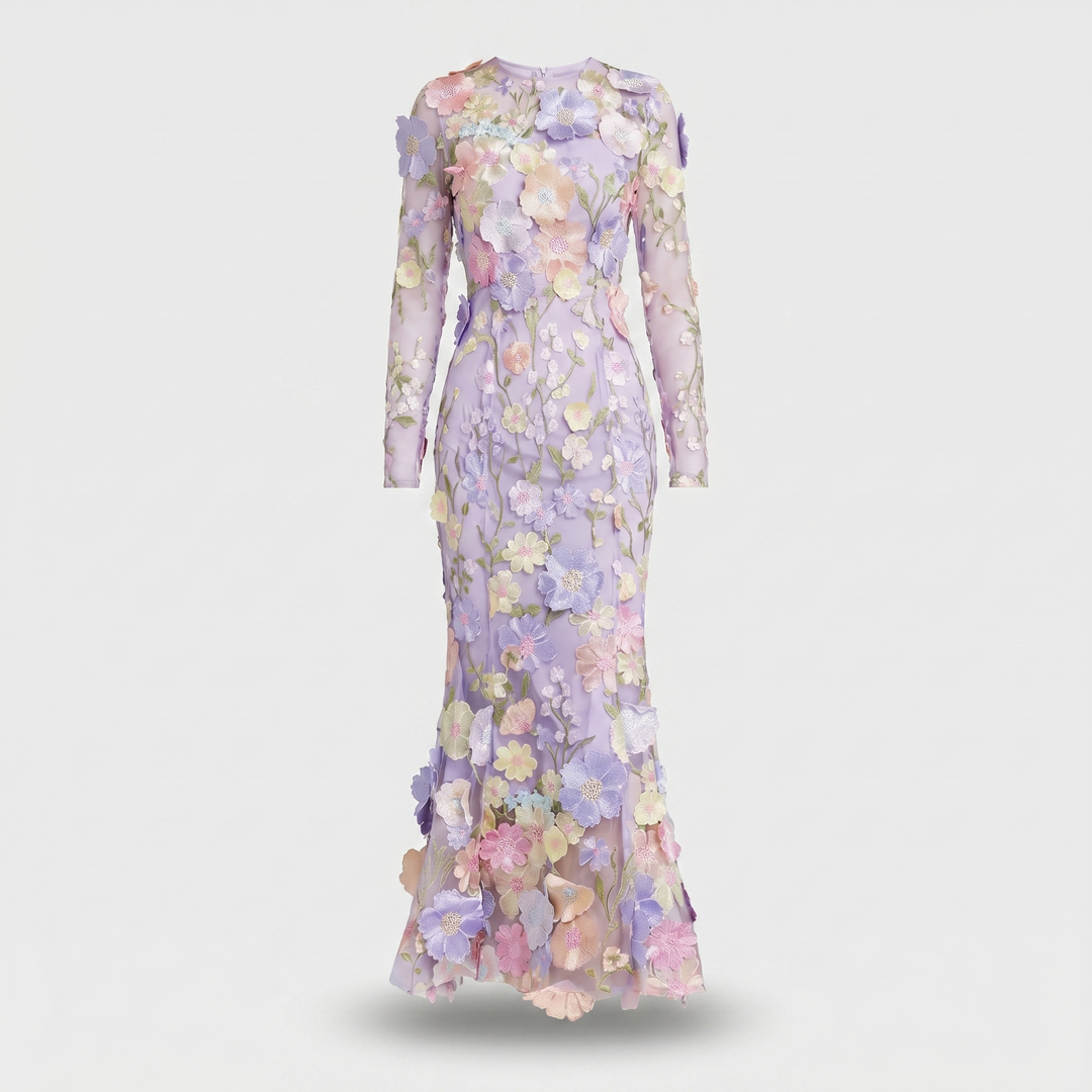 Tüll-Abendkleid mit Blumenmuster und 3D-Applikationen für Damen