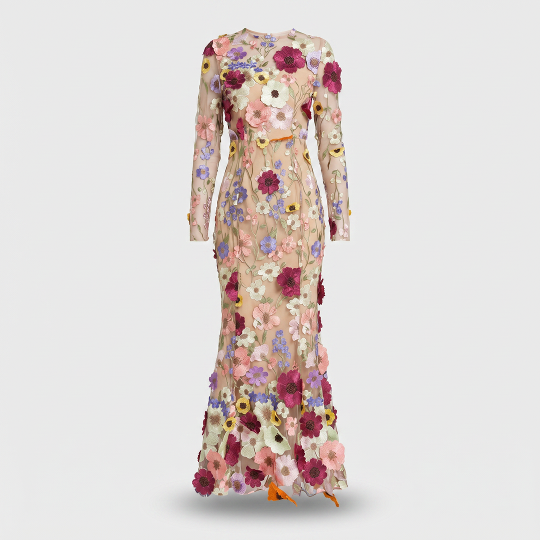 Tüll-Abendkleid mit Blumenmuster und 3D-Applikationen für Damen