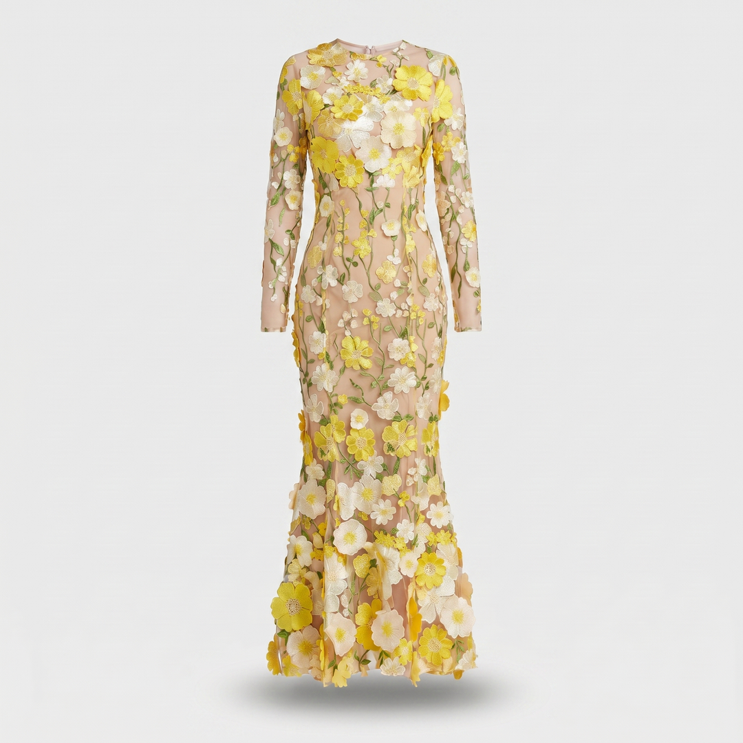 Tüll-Abendkleid mit Blumenmuster und 3D-Applikationen für Damen