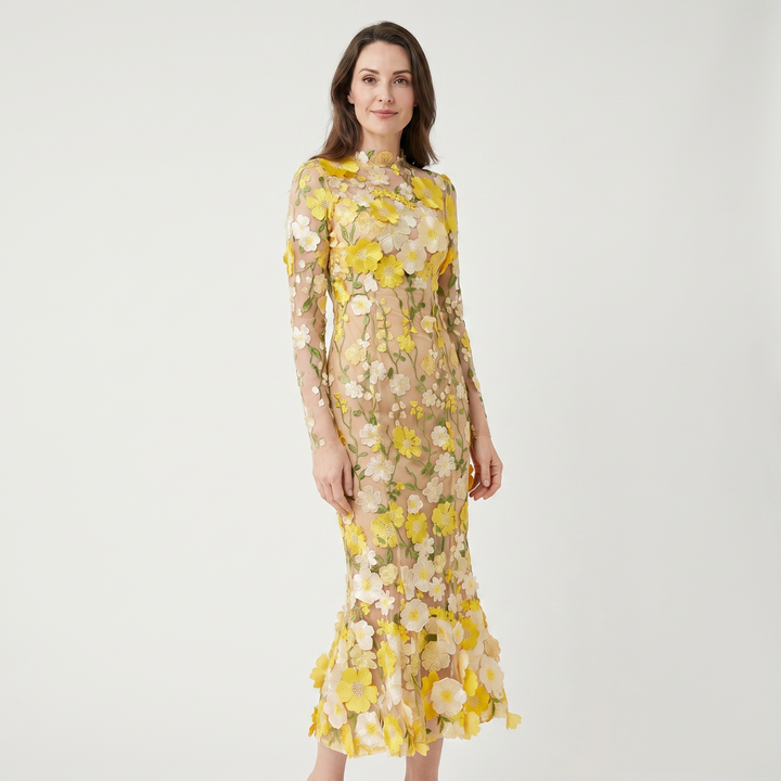 Tüll-Abendkleid mit Blumenmuster und 3D-Applikationen für Damen