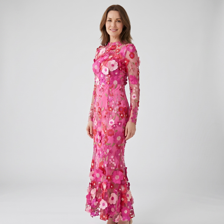 Tüll-Abendkleid mit Blumenmuster und 3D-Applikationen für Damen