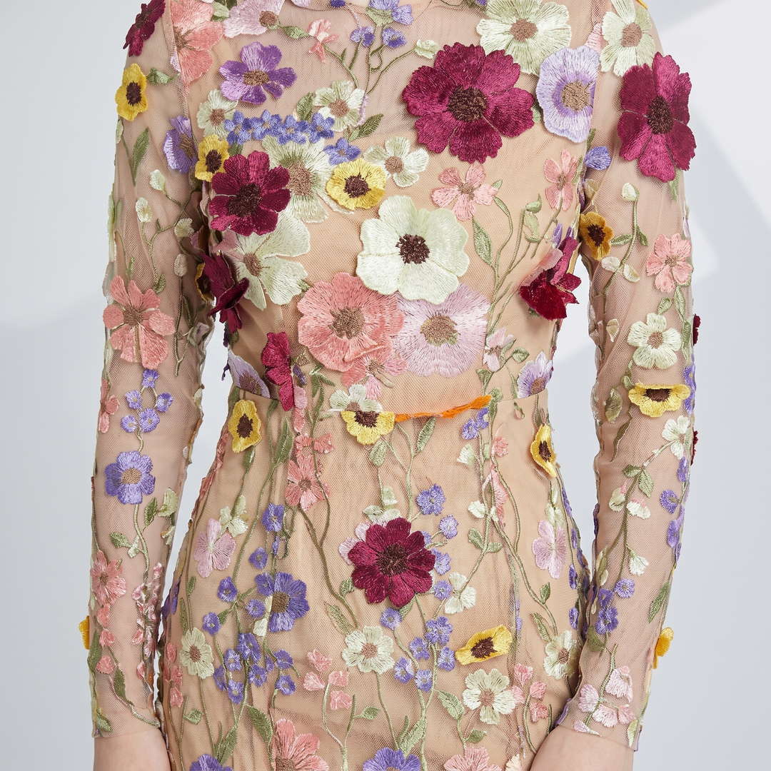Tüll-Abendkleid mit Blumenmuster und 3D-Applikationen für Damen