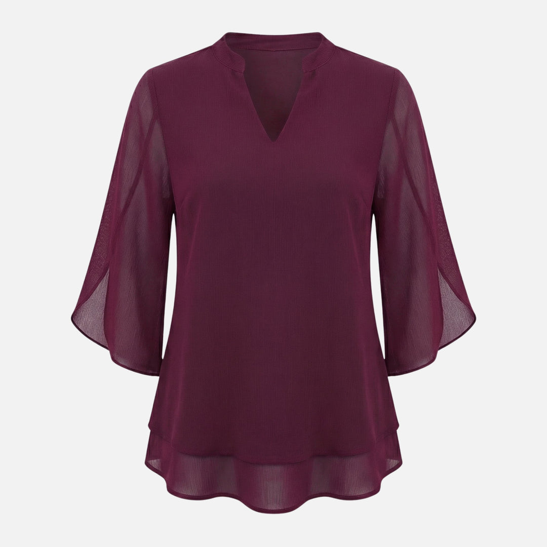 V-Ausschnitt Chiffonbluse mit Schlitzärmeln und Lagenlook-Saum für
