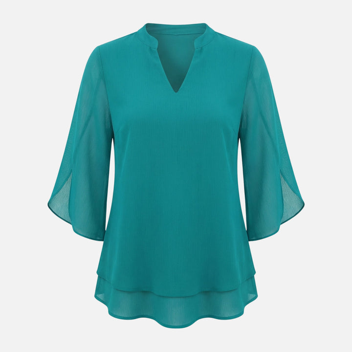 V-Ausschnitt Chiffonbluse mit Schlitzärmeln und Lagenlook-Saum für