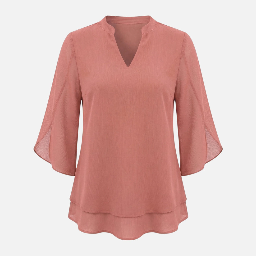 V-Ausschnitt Chiffonbluse mit Schlitzärmeln und Lagenlook-Saum für