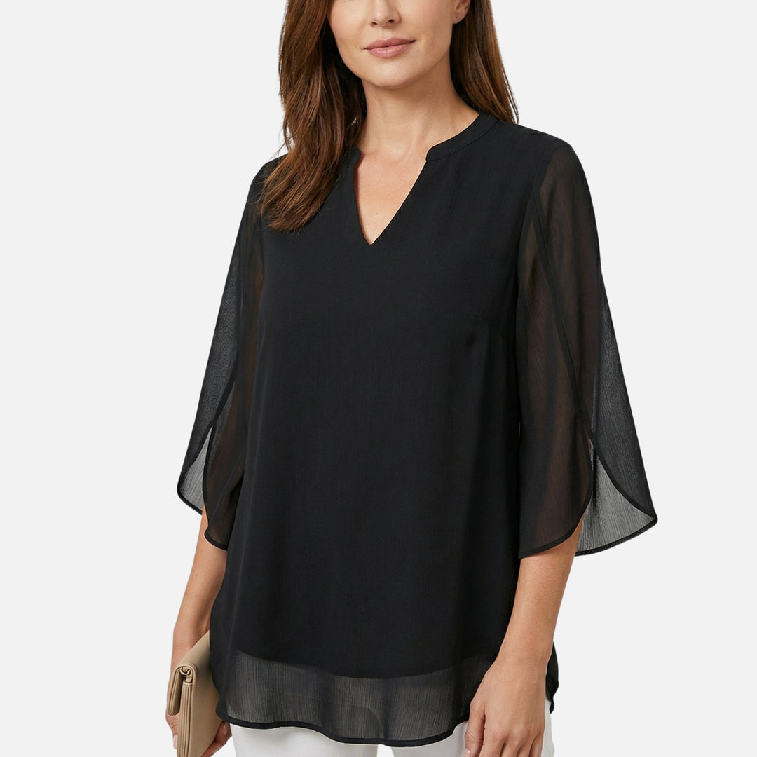 V-Ausschnitt Chiffonbluse mit Schlitzärmeln und Lagenlook-Saum für