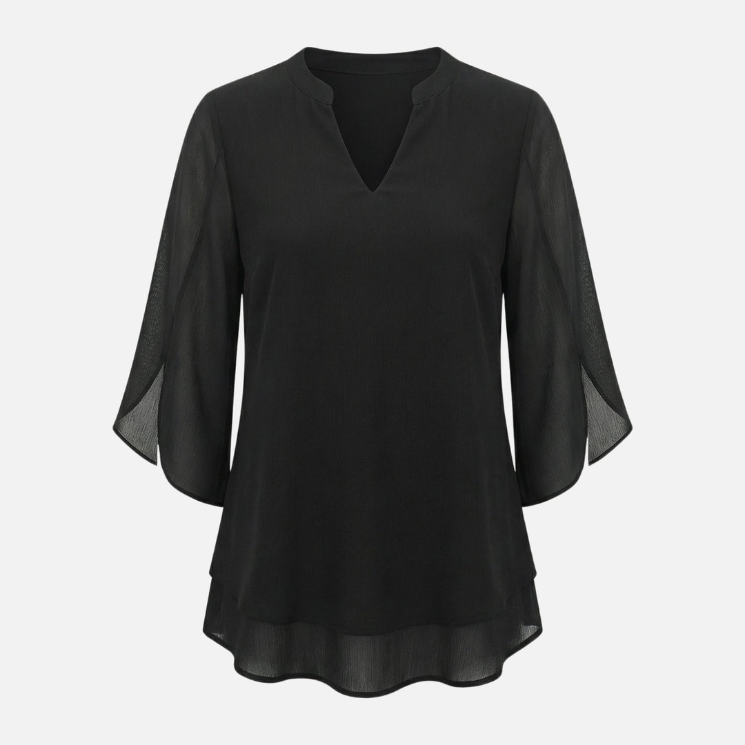 V-Ausschnitt Chiffonbluse mit Schlitzärmeln und Lagenlook-Saum für