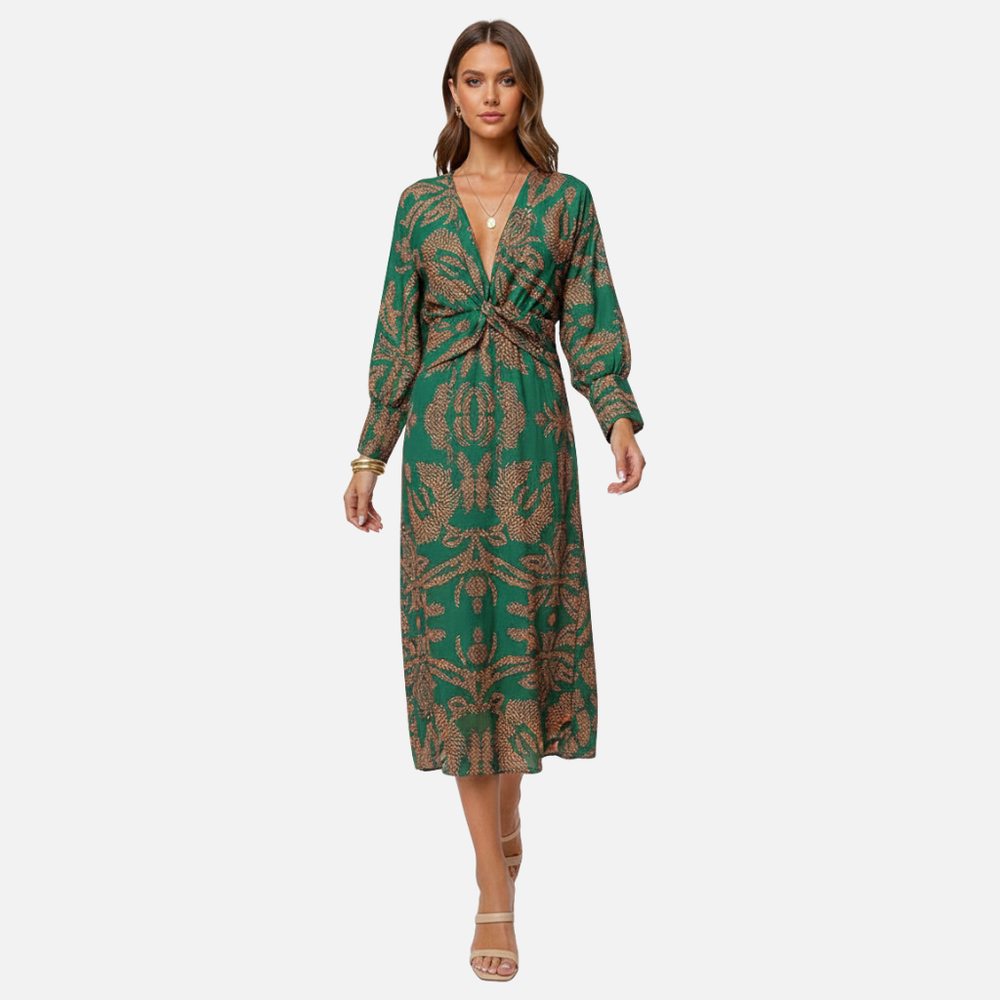 Boho-Maxikleid mit V-Ausschnitt – Sommerliches Langarmkleid für Damen