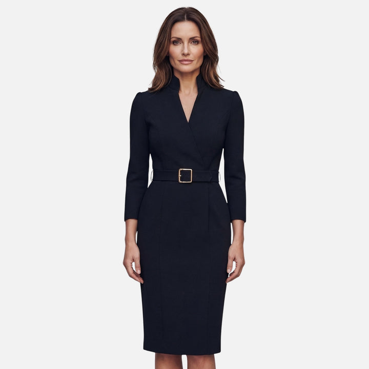 Vestido midi cruzado con cinturón y hebilla cuadrada para mujer