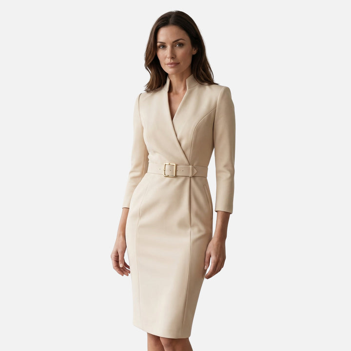 Vestido midi cruzado con cinturón y hebilla cuadrada para mujer