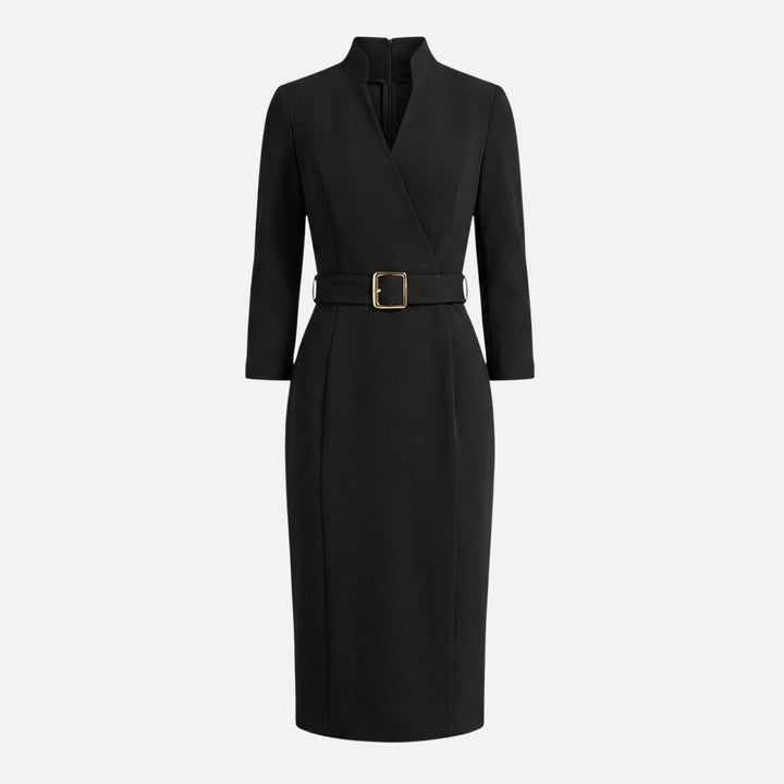 Vestido midi cruzado con cinturón y hebilla cuadrada para mujer