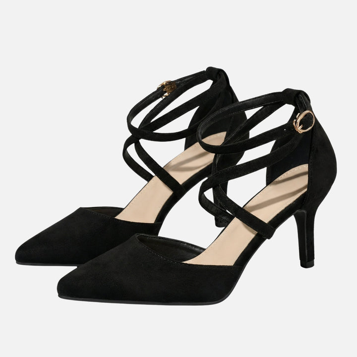 Suede Stiletto Pumps – Pointed Toe with Cross Straps & Buckle