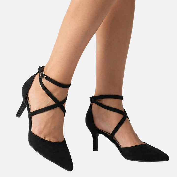 Suede Stiletto Pumps – Pointed Toe with Cross Straps & Buckle