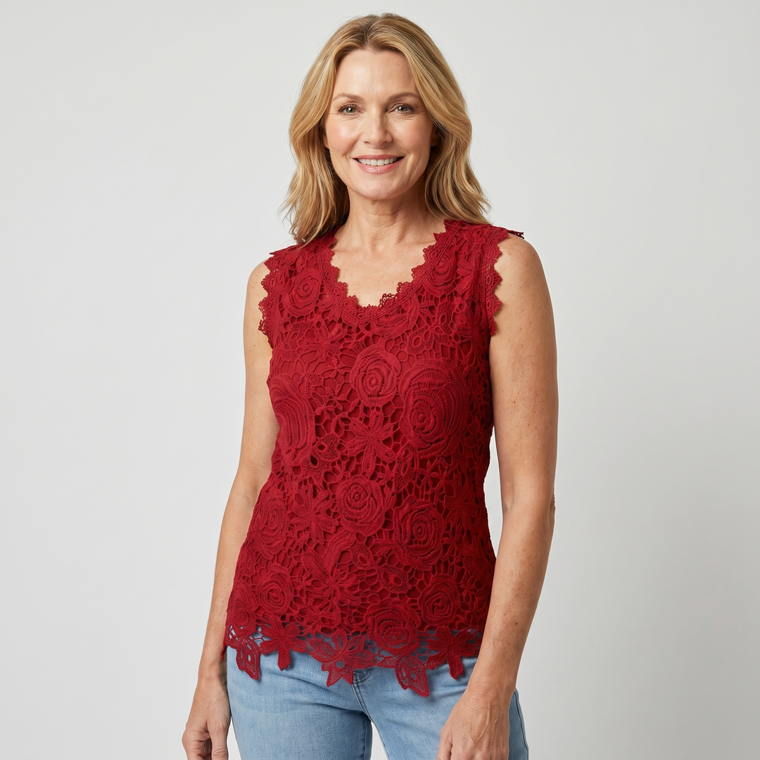 Blusa senza maniche con scollo a V e bordo ad arco in pizzo da donna
